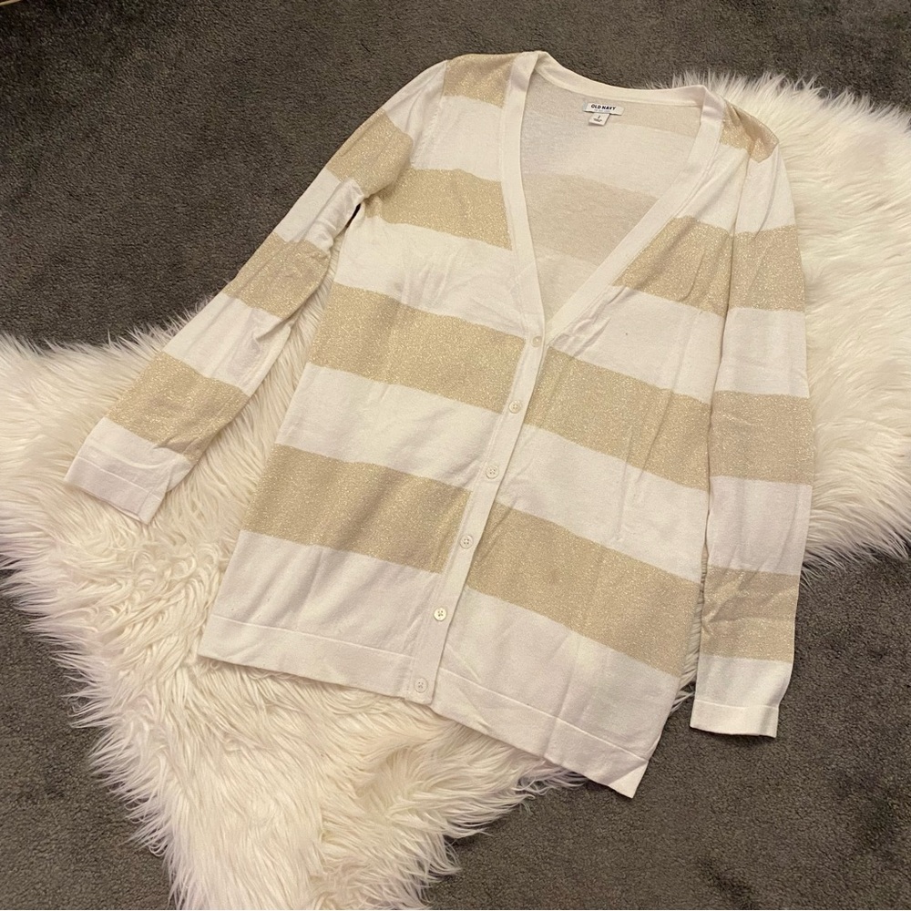 Old Navy Women's Long Cardigan - Cream and Gold Stripes